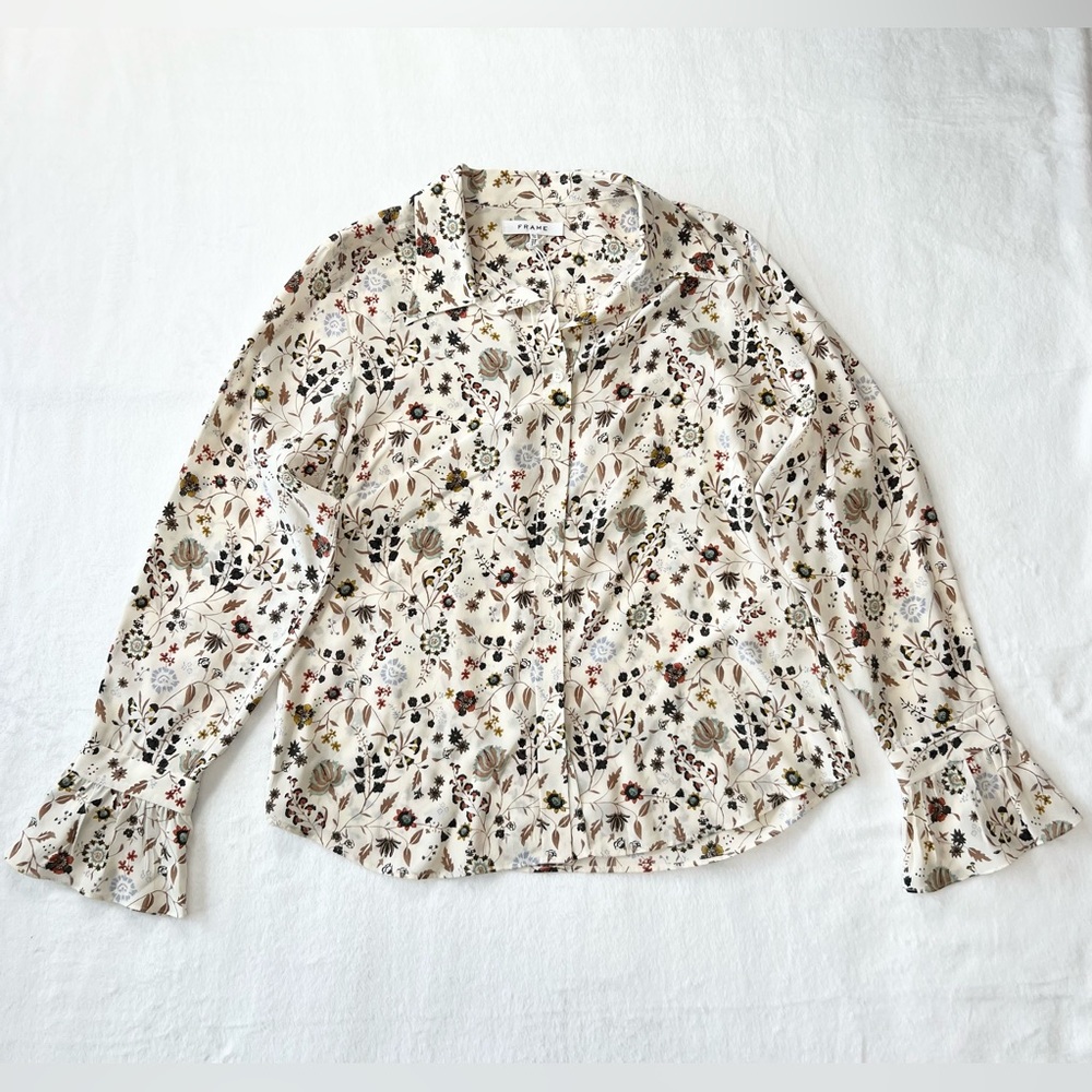 FRAME Women’s 100% Silk Ruffle Sleeve Floral Blouse size XL NWT
